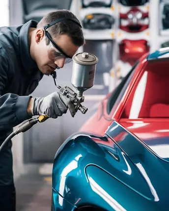 A painter spraying color onto a car body in a controlled booth.
